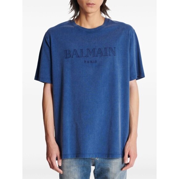 Balmain Navy Blue Cotton Logo Print T-Shirt - NWT